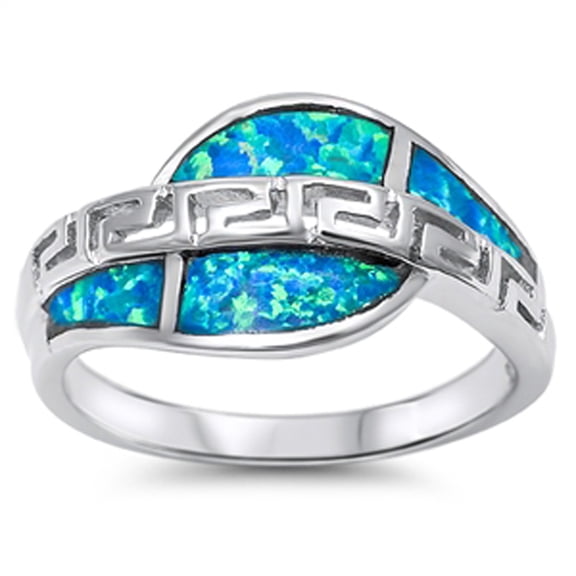 Greek Key Blue Simulated Opal Ring .925 Sterling Silver Band Cubic Zirconia Jewelry Female Size 10