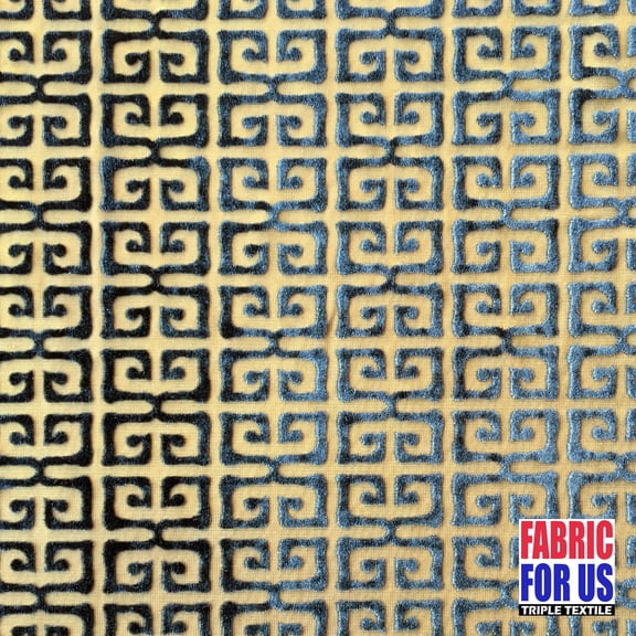 Greek Key Burnout Velvet Stretch Fabric Blue on Tan L-667-P Wide BTY