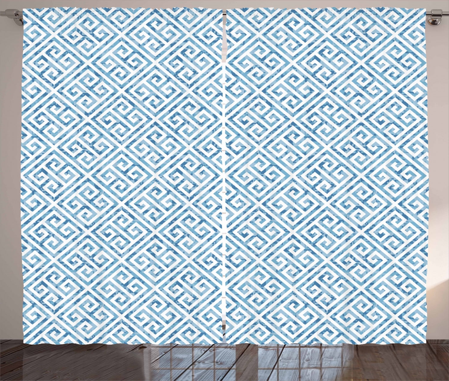 Greek Key Curtains 2 Panels Set, Tile Mosaic Pattern in Blue and White
