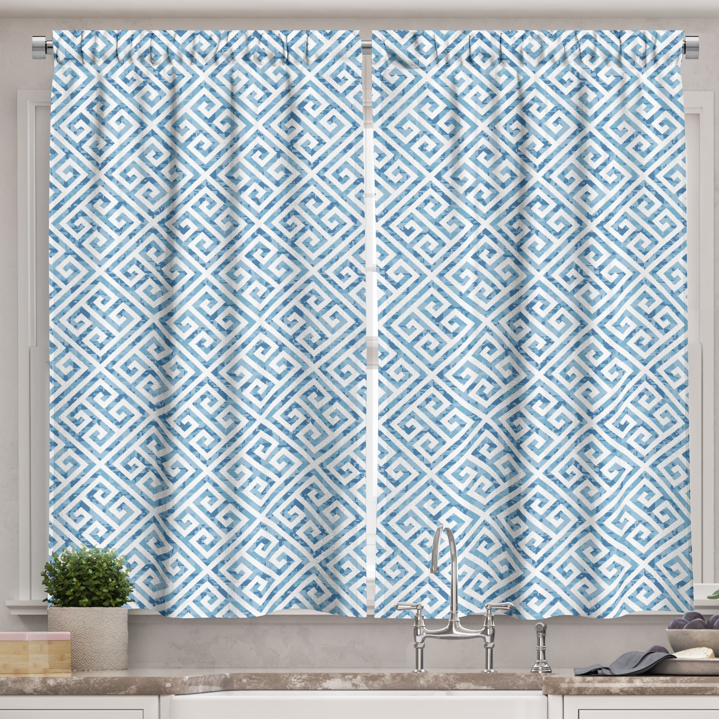 Greek Key Curtains 2 Panels Set, Tile Mosaic Pattern in Blue and White