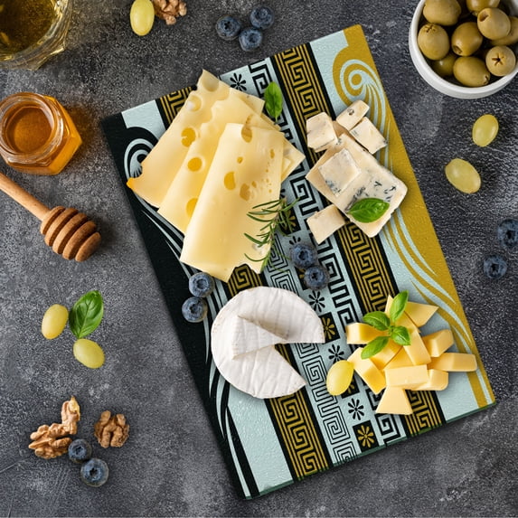Greek Key Cutting Board, NeoClassical Borders Composition Meander Pattern and Flowers Waves, Decorative Tempered Glass Cutting and Serving Board, Small Size, Marigold Black White, by Ambesonne