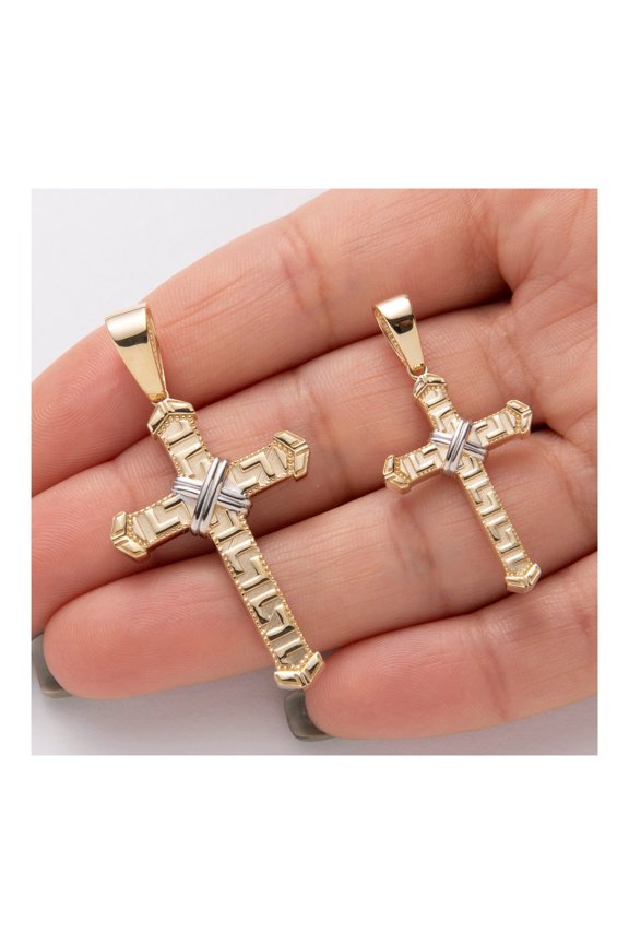 Greek Key Design Byzantine Cross Unisex Adult Pendant 14K Yellow White Gold, 3.83 Gr - GOLDUM NYC