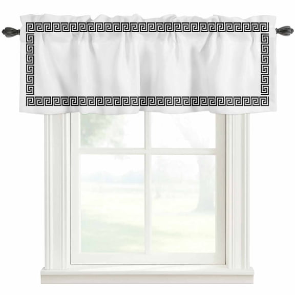 Greek Key Design Window Valance Curtain Geometric Black White Rod Pocket Short Curtain for Living Room, Bedroom & Kitchen Window Decor 42x12in