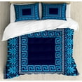 thumbnail image 1 of Greek Key Duvet Cover Set King Size, Grecian Meandros Pattern with Intricate Lines Floral Figures in Blue Shades, Decorative 3 Piece Bedding Set with 2 Pillow Shams, Blue Dark Blue, by Ambesonne, 1 of 3