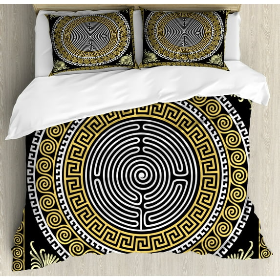 Greek Key Duvet Cover Set Queen Size, Classical Pattern with Intricate Design Spiral Waves Frame and Maze, Decorative 3 Piece Bedding Set with 2 Pillow Shams, Pale Yellow White Black, by Ambesonne