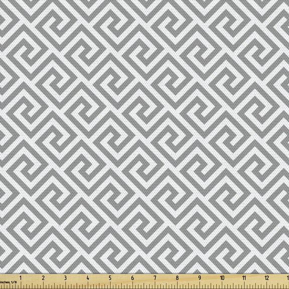 Greek Key Fabric by the Yard, Geometric Lines Abstract Pattern Antique Motif in Labyrinth Maze, Upholstery Fabric for Dining Chairs Home Decor Accents, 2 Yards, Pale Grey White by Ambesonne