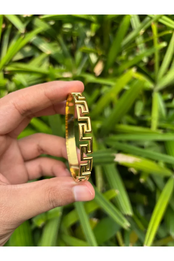 Greek Key Geometric Bangle for Women, Modern Maze Pattern Statement Jewelry, 925 Sterling Silver with 14K Gold Finish