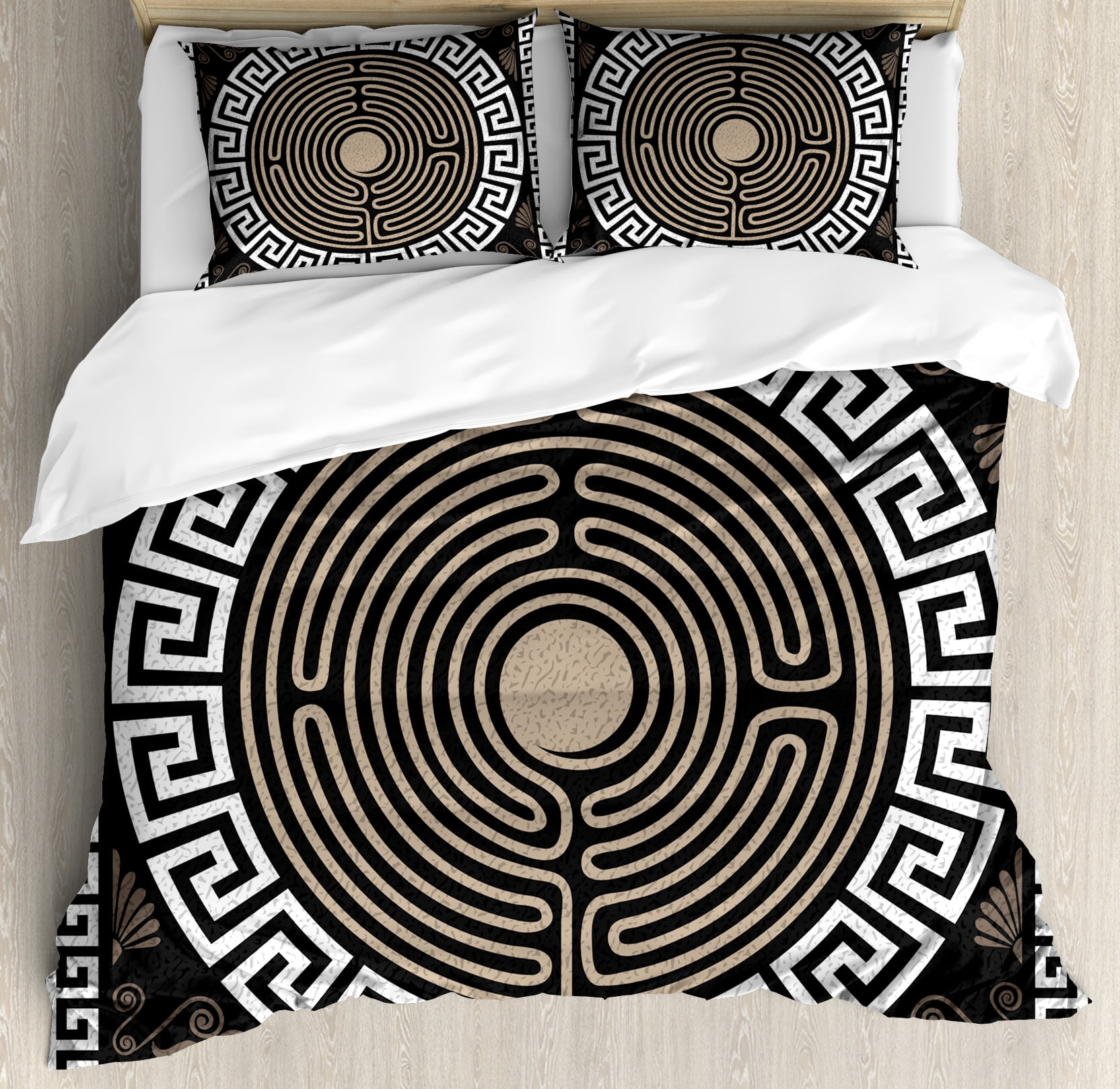 Greek Key Dark Brown and Tan Microfiber King Duvet Cover Set