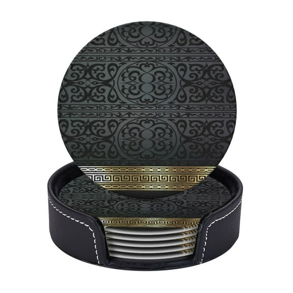 Greek Key Ornate Black & Gold Coasters With Leather Holder Set Of 6 Round Coasters for Home and Kitchen Decor