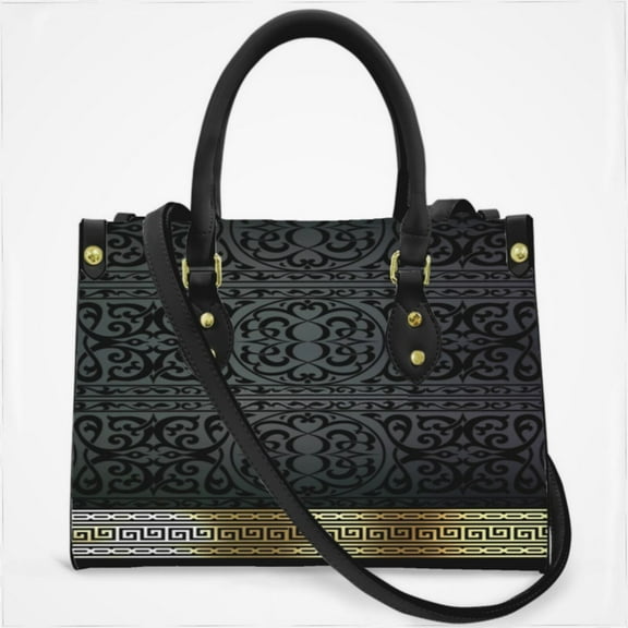 Greek Key Ornate Black & Gold Cross Body Bags For Women Small Leather Female Handbags Fashion Top-Handle Totes