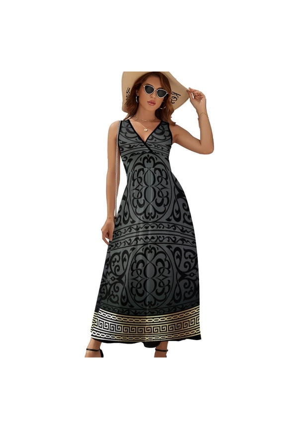Greek Key Ornate Black & Gold Dress Fashion Boho Beach Long Dresses Female Party Printed Maxi Dress