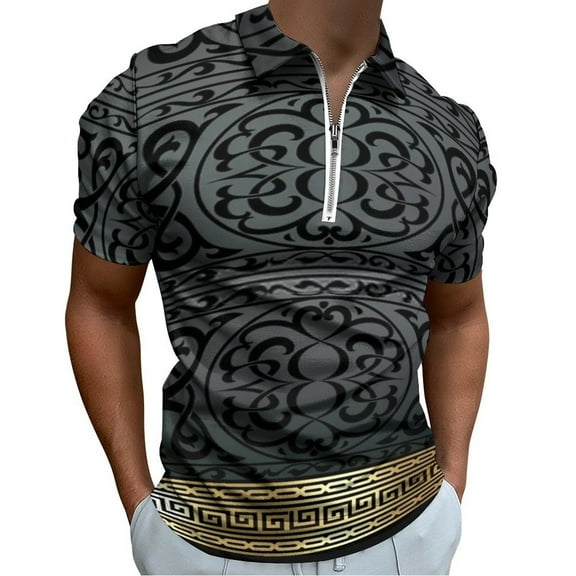 Greek Key Ornate Black & Gold Men Zipper T-shirt Summer Casual Short Sleeve T-shirt Top