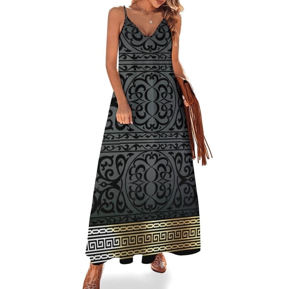Greek Key Ornate Black & Gold Sleeveless Suspender Dress Summer Fashion Casual Long Dress