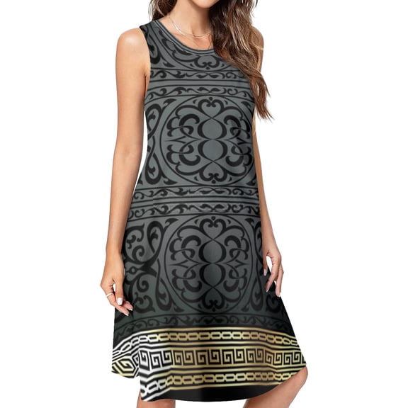 Greek Key Ornate Black & Gold Spring Summer Dresses for Women Fashion T-shirt Dress Casual Sleeveless Loose Sundress with Pockets