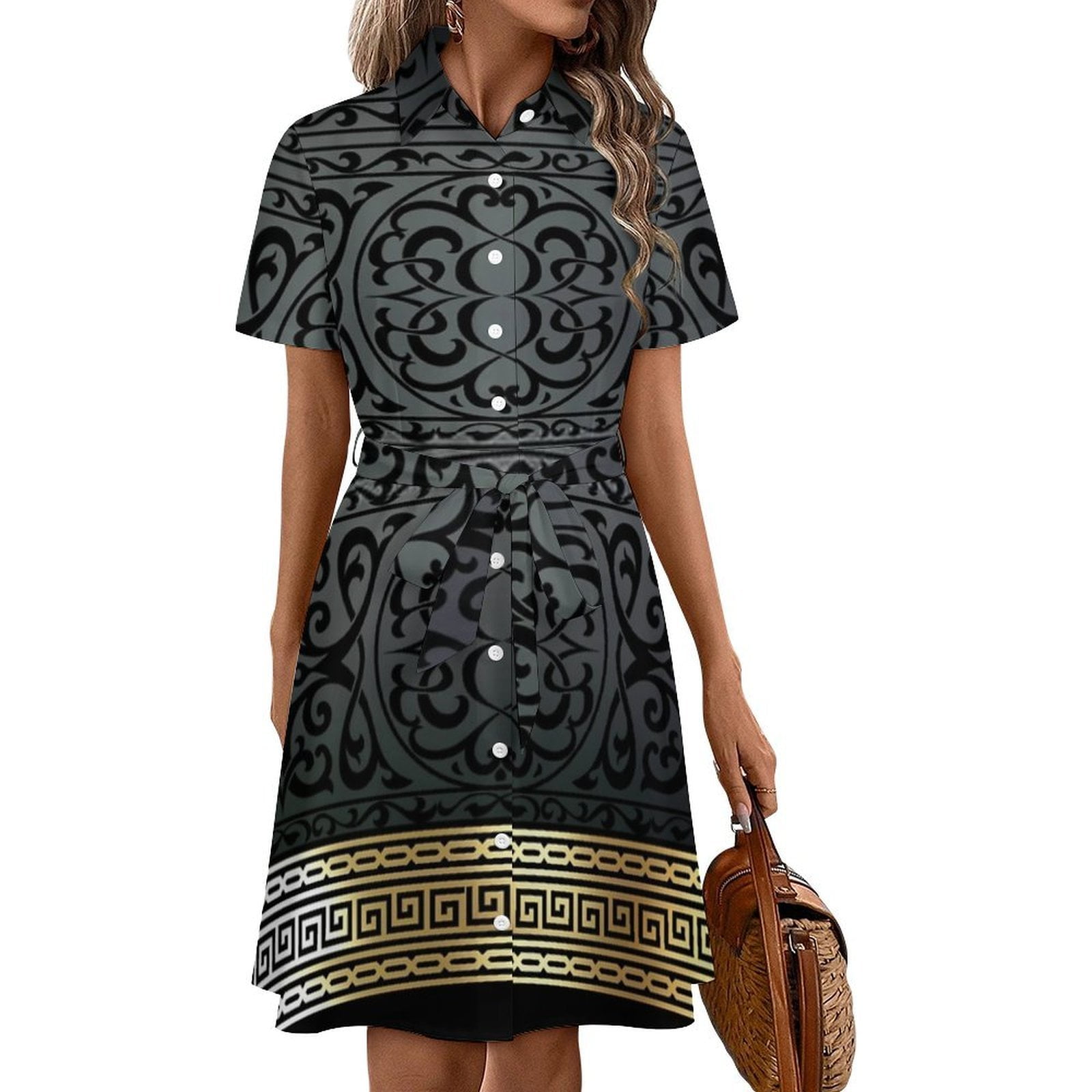 Greek Key Ornate Black & Gold Womens Shirt Dresses Women'S Short Sleeve ...