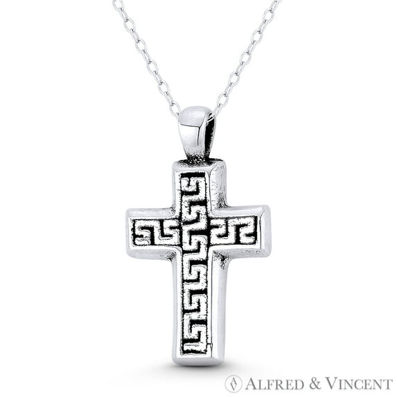 Greek Key Orthodox Christian Cross 30x17mm (1.2x0.7in) Pendant & Chain Necklace in Oxidized .925 Sterling Silver