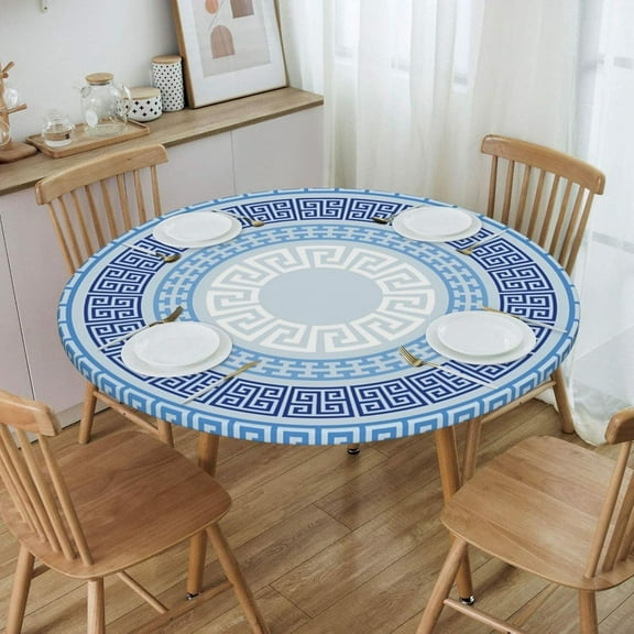 Greek Key Pattern Blue Round Tablecloth Fitted Table Cover Elastic Edged Table Cloth Fits Tables Up to 45"-50" Diameter