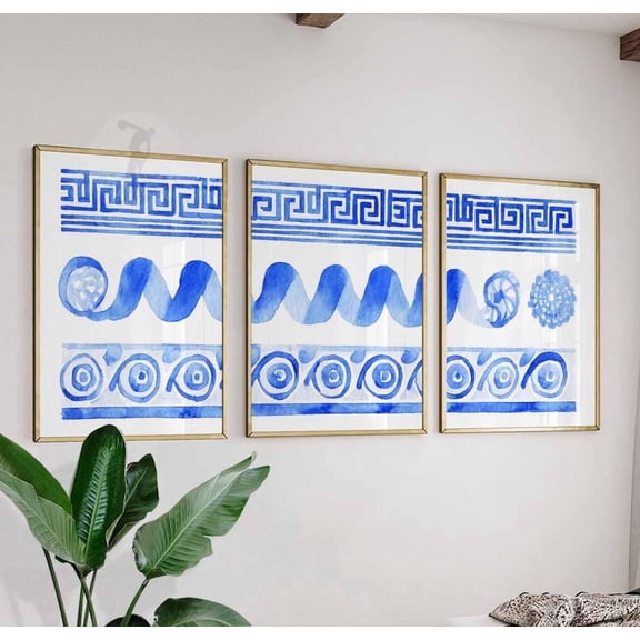 Greek Key Pattern Wall Art Blue Abstract Mediterranean Modern Geometric Set 3 Unframed Paper Print 8x12