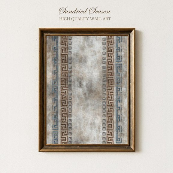 Greek Key Pattern Wall Art Rustic Mediterranean Blue Brown Classical, Unframed Canvas 24x36in