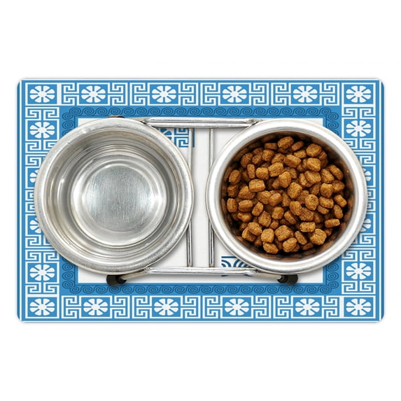 Greek Key Pet Mat for Food and Water, Frame Traditional Vintage Square White Flowers and Fret Pattern, Non-Slip Rubber Mat for Dogs and Cats, 18" X 12", by Ambesonne