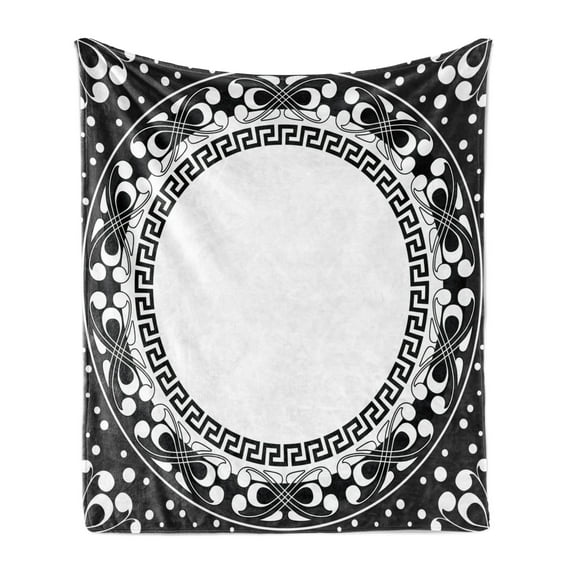 Greek Key Soft Flannel Fleece Blanket, Black and White Pattern of Spirals Swirls and Chains with Circle and Little Dots, Cozy Plush for Indoor and Outdoor Use, 50" x 60", Black White, by Ambesonne