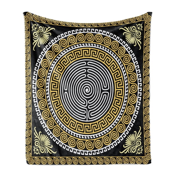 Greek Key Soft Flannel Fleece Blanket, Classical Pattern with Intricate Design Spiral Waves Frame and Maze, Cozy Plush for Indoor and Outdoor Use, 60" x 80", Pale Yellow White Black, by Ambesonne