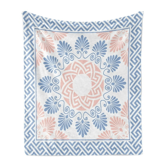 Greek Key Soft Flannel Fleece Blanket, Pastel Pink White and Blue Round Floral Grecian Fret Hellenic Ornament, Cozy Plush for Indoor and Outdoor Use, 50" x 70", Baby Blue Blush White, by Ambesonne