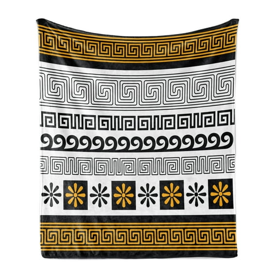Greek Key Soft Flannel Fleece Blanket, Traditional Ornament from Greece Historical and Cultural Heritage Theme, Cozy Plush for Indoor and Outdoor Use, 70" x 90", Marigold Black White, by Ambesonne