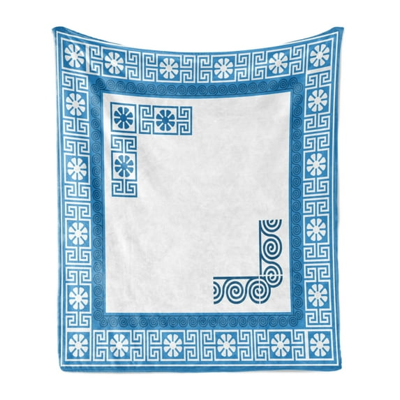 Greek Key Soft Flannel Fleece Throw Blanket, Frame Traditional Vintage Square White Flowers and Fret Pattern, Cozy Plush for Indoor and Outdoor Use, 50" x 70", Blue White, by Ambesonne