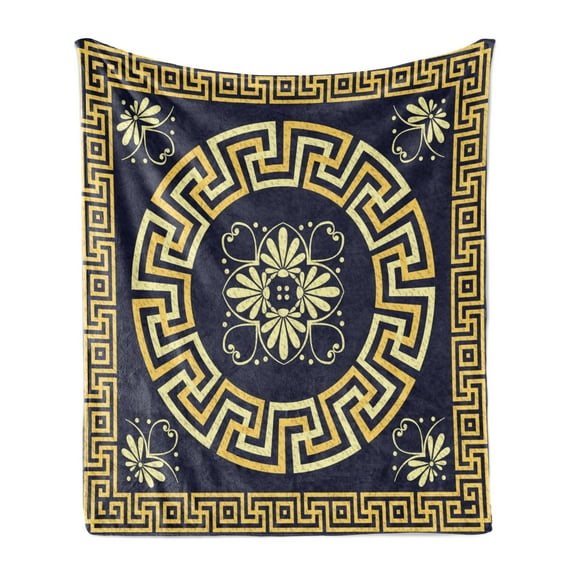 Greek Key Soft Flannel Fleece Throw Blanket, Meander Spring Inspired Floral Detail Rich and Retro Entangled Maze, Cozy Plush for Indoor and Outdoor Use, 50" x 60", Dark Blue Yellow, by Ambesonne