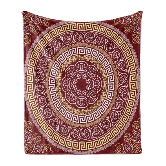 Greek Key Soft Flannel Fleece Throw Blanket, Round and Square Ornament Meander with Floral Motifs and Spirals, Cozy Plush for Indoor and Outdoor Use, 50" x 70", Ruby Pale Yellow White, by Ambesonne