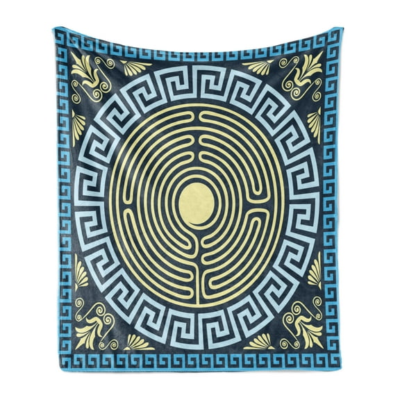 Greek Key Soft Flannel Fleece Throw Blanket, Yellow and Blue Labyrinth Pattern from Culture with Floral Details, Cozy Plush for Indoor and Outdoor Use, 60" x 80", Pale Yellow Blue, by Ambesonne