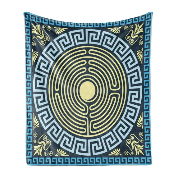 Greek Key Soft Flannel Fleece Throw Blanket, Yellow and Blue Labyrinth Pattern from Culture with Floral Details, Cozy Plush for Indoor and Outdoor Use, 60" x 80", Pale Yellow Blue, by Ambesonne