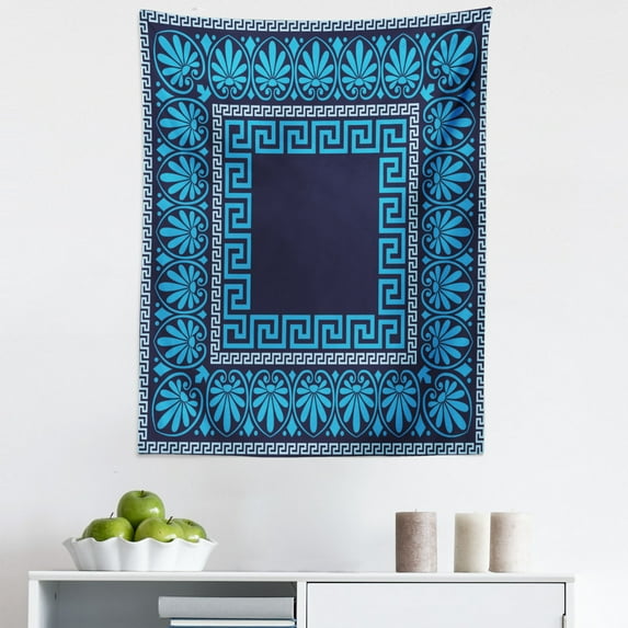 Greek Key Tapestry, Grecian Meandros Pattern Intricate Lines Floral Cultural Art, Fabric Wall Hanging Decor for Bedroom Living Room Dorm, 5 Sizes, Dark Blue Blue, by Ambesonne