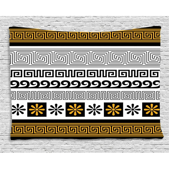 Greek Key Tapestry, Set of Traditional Ornaments from Greece Historical and Cultural Theme, Wall Hanging for Bedroom Living Room Dorm Decor, 80W X 60L Inches, Marigold Black White, by Ambesonne