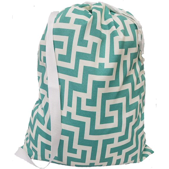 Greek Key Teal Polyester Laundry Bag 22"x28" with Shoulder Strap - Made in