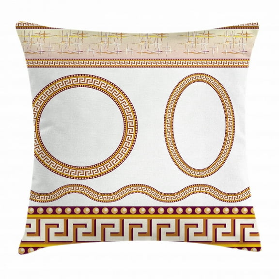 Greek Key Throw Pillow Cushion Cover, Ancient Fret Pattern in Oval and Circle Shapes Wavy Straight Borders, Decorative Square Accent Pillow Case, 18 X 18 Inches, Marigold Plum White, by Ambesonne