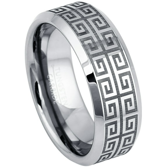 Greek Key Tungsten Carbide Ring - Mens Tungsten Wedding Band - Comfort Fit Ring - Greek Key Laser Engraving - 13