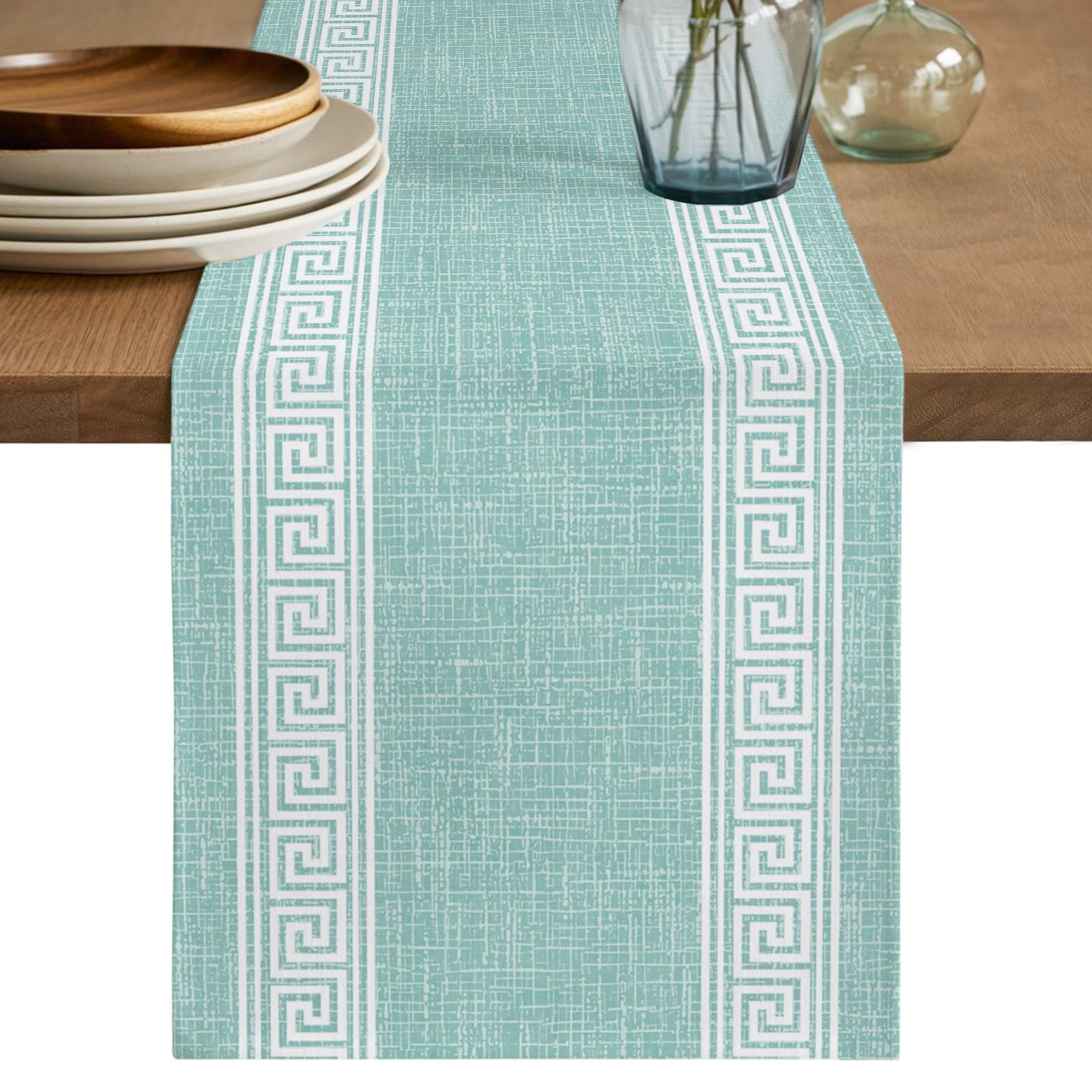 Greek Key Turquoise Table Runner, Farmhouse Retro Geometric Modern ...