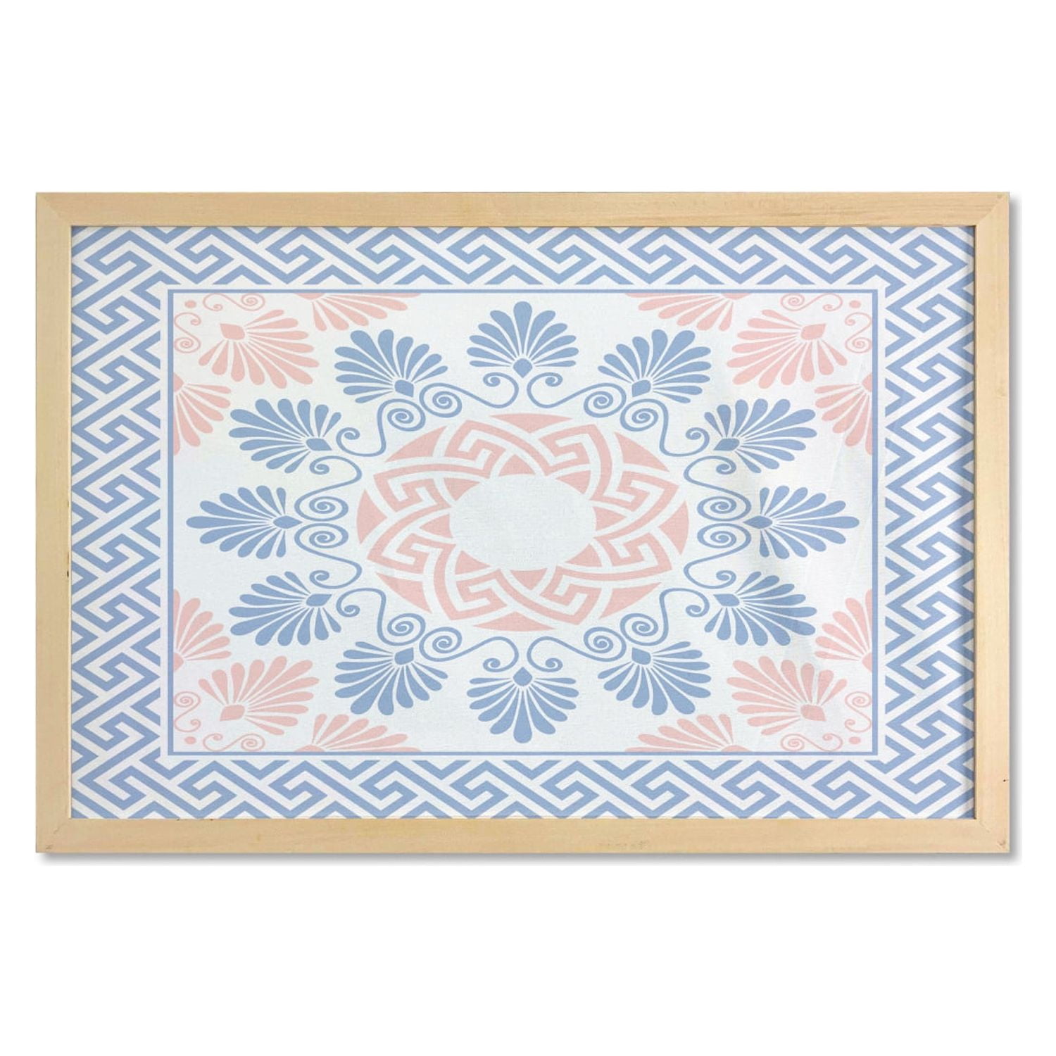 Greek Key Wall Art with Frame, Pastel Pink White and Blue Round Floral
