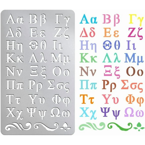 Greek Letter Pattern Metal Stencil 24 Letter Stainless Steel Reusable Templates Cutting Dies Drawing Stencils Tool Template for Wood Carving DIY Scrapbooking Photo Album Decorative
