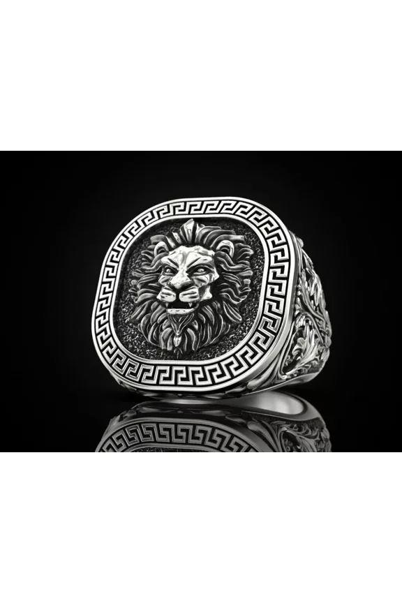 Greek Lion Jungle king Animal Leo Zodiac Men 925 Silver Biker Ring Gift Birthday