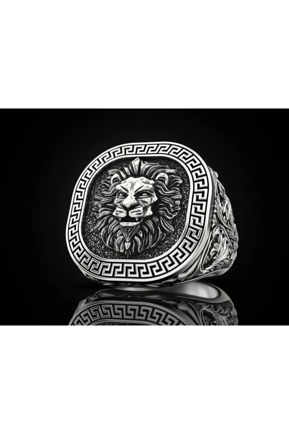 Greek Lion Jungle king Animal Leo Zodiac Men 925 Silver Biker Ring Gift Birthday