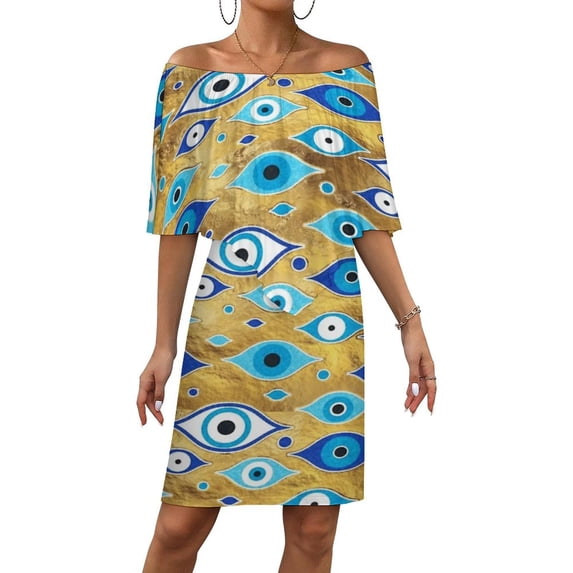 Greek Mati Mataki - Matiasma Evil Eye Pattern Women's Off The Shoulder Ruffles Summer Wedding Guest Loose Casual Party Beach Dress