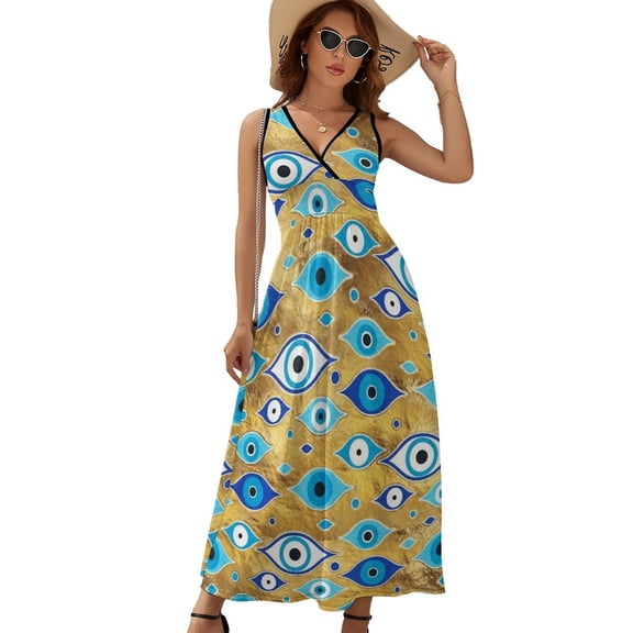 Greek Mati Mataki - Matiasma Evil Eye Pattern Womens Night Club Maxi Dress V Neck Sleeveless Bohemia Long Dresses
