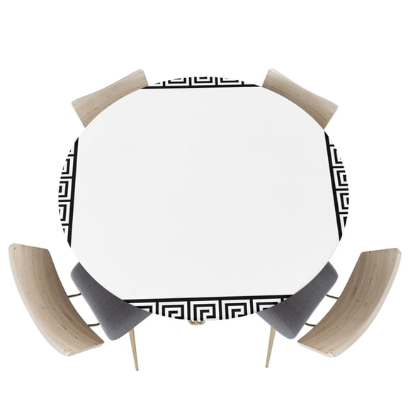 Greek Meander Border Inspired Key Fitted Round Tablecloths Elastic Edged Table Covers 45"-54",Abstract Twist Stripe on White Waterproof Dining Room Table Cloth for Kitchen Holiday Party Tables Decor