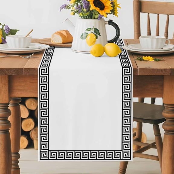 Greek Meander Border Inspired Key Table Runner 36 Inches Long, Abstract Twist Stripe on White Table Runners Tabletop Scarf Kitchen Dining Tables Decoration for Home Party Indoor Outdoor