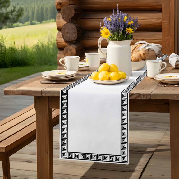 Greek Meander Border Inspired Key Table Runner 72 Inch Long Abstract Twist Stripe on White Table Runners Linen Burlap Tablerunner for Kitchen Dining Room Holiday Party