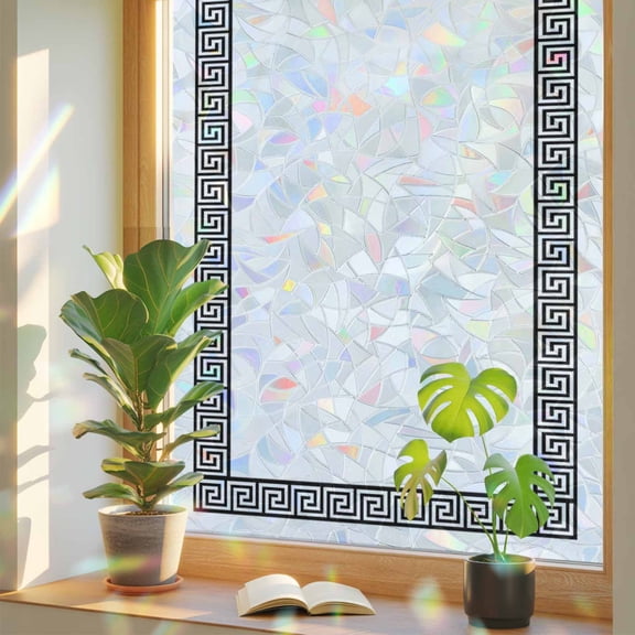 Greek Meander Border Inspired Key Window Privacy Film, Rainbow Film Decorative Window Sticker 17.7x39.3in, Abstract Twist Stripe on White Sun Blocking Static Stained Glass Cling Tint Non-Adhesive