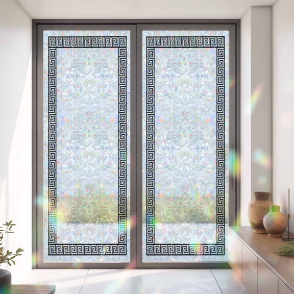 Greek Meander Border Inspired Key Window Privacy Film, Rainbow Film Decorative Window Sticker 35.4x78.7in, Abstract Twist Stripe on White Sun Blocking Static Stained Glass Cling Tint Non-Adhesive